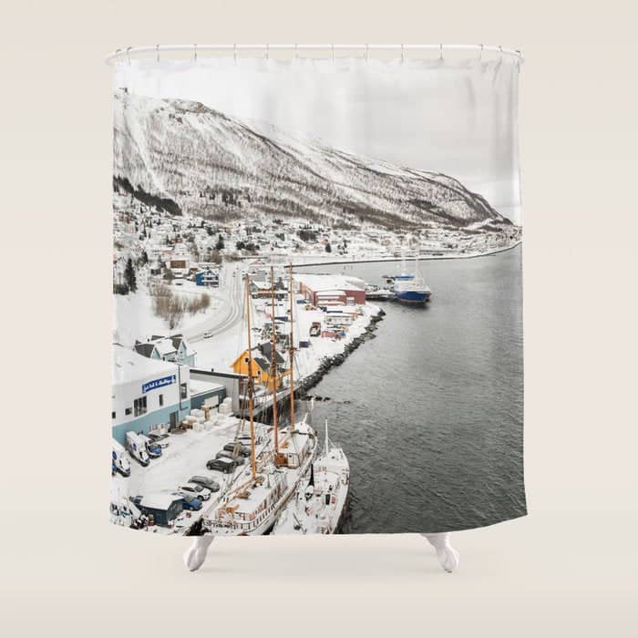 Harbor In Norway Snow Photo | Winter In Norway Boats And Mountains Art Print | Travel Photography Shower Curtain