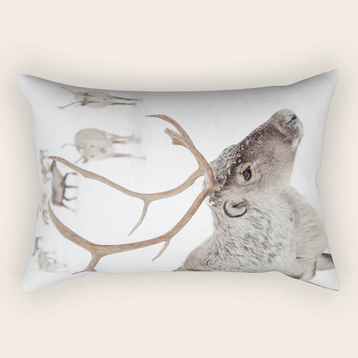 Reindeer With Antlers Art Print | Tromsø Norway Animal Snow Photo | Arctic Winter Travel Photography Rectangular Pillow