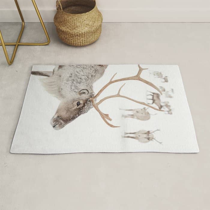 Reindeer With Antlers Art Print | Tromsø Norway Animal Snow Photo | Arctic Winter Travel Photography Rug