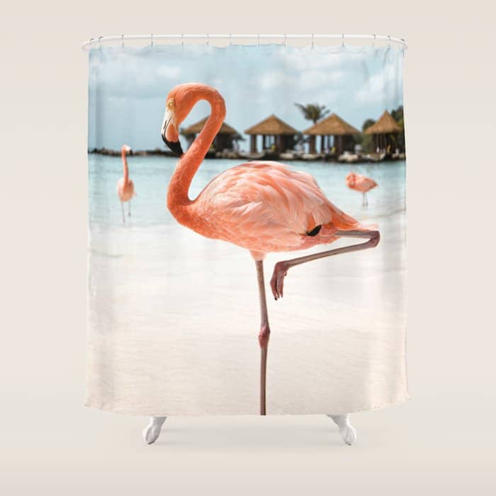 Pink Flamingo Beach Summer Photo | Aruba Tropical Island Art Print | Caribbean Travel Photography Shower Curtain