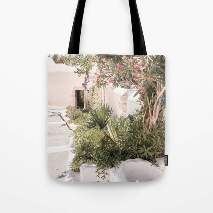 Greece Summer Scenery With Plants Photo | White Island Architecture Art Print | Europe Travel Photography Tote Bag