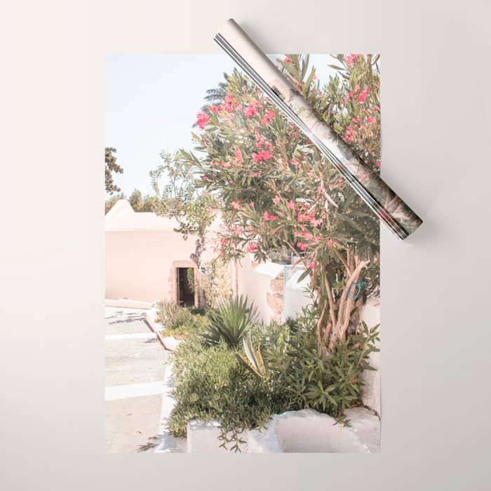 Greece Summer Scenery With Plants Photo | White Island Architecture Art Print | Europe Travel Photography Wrapping Paper