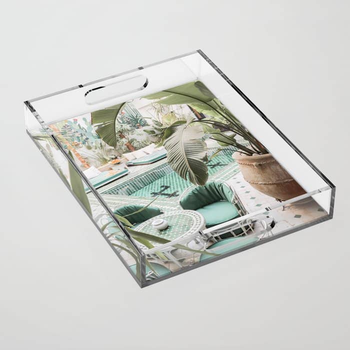 Travel Photography Art Print | Tropical Plant Leaves In Marrakech Photo | Green Pool Interior Design Acrylic Tray