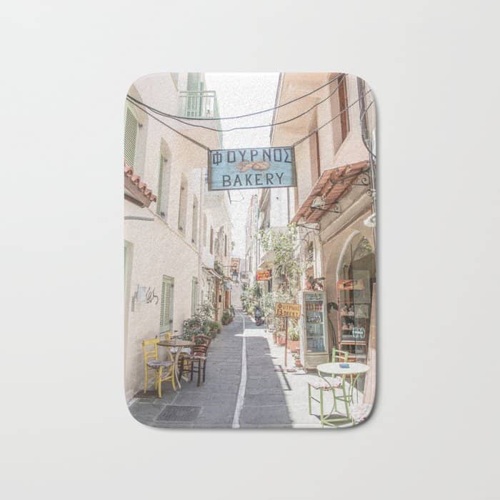 Street In Greece Photo | Pastel Village Houses Summer Art Print | Europe Digital Travel Photography Bath Mat