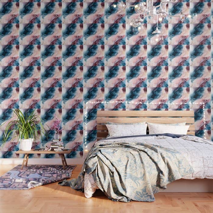 Pastel Plum, Deep Blue, Blush And Gold Abstract Painting Wallpaper