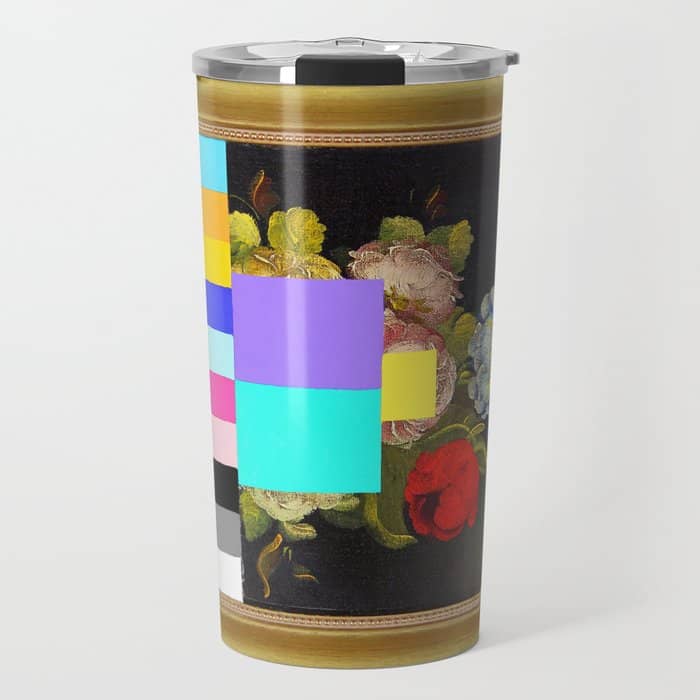 A Painting Of Flowers With Color Bars Travel Mug