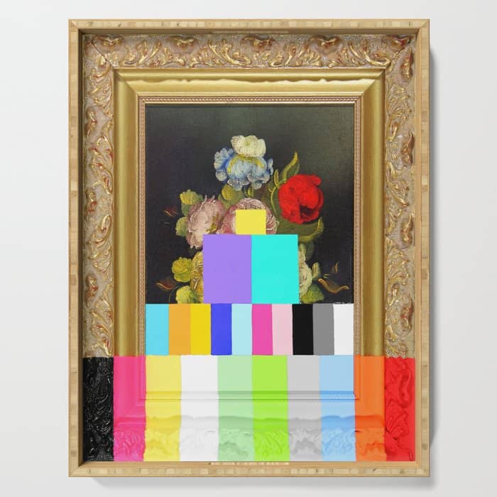 A Painting Of Flowers With Color Bars Serving Tray