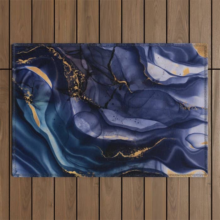 Midnight Dark Blue Marble Alcohol Ink Marble Art Flashes Outdoor Rug