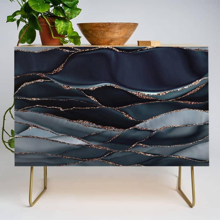 Midnight Marble Deep Ocean Waves Credenza