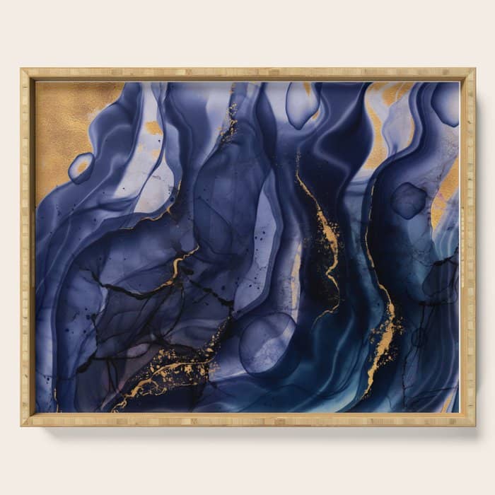 Midnight Dark Blue Marble Alcohol Ink Marble Art Flashes Serving Tray