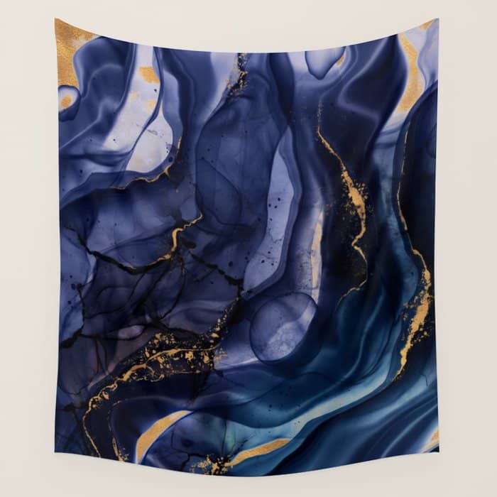 Midnight Dark Blue Marble Alcohol Ink Marble Art Flashes Wall Tapestry