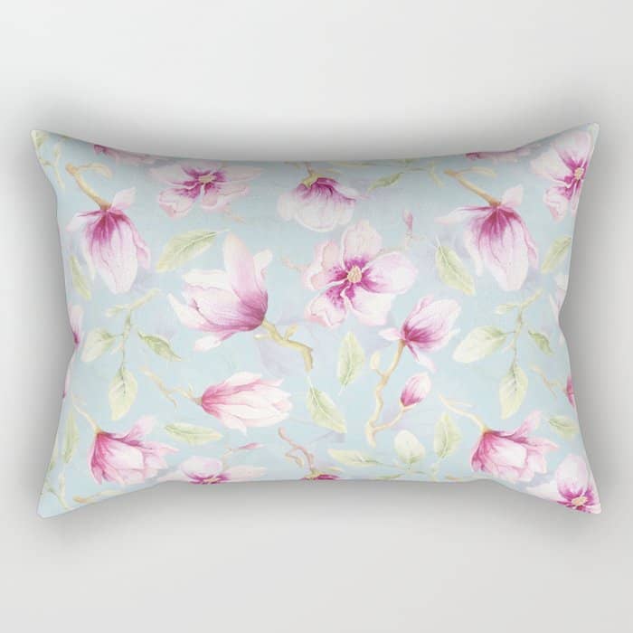 Hygge Hand Painted Watercolor Magnolia Blossoms Rectangular Pillow