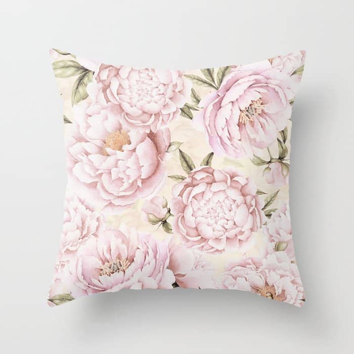 Pastel Blush Pink Spring Watercolor Peony Flowers Pattern Throw Pillow