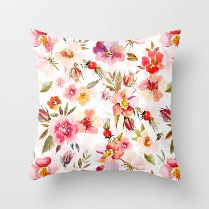 Hygge Watercolor Midsummer Dogroses Pattern  Throw Pillow