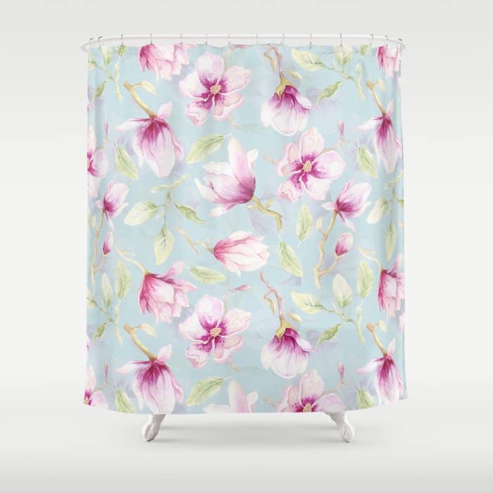 Hygge Hand Painted Watercolor Magnolia Blossoms Shower Curtain