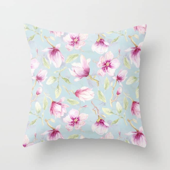 Hygge Hand Painted Watercolor Magnolia Blossoms Throw Pillow