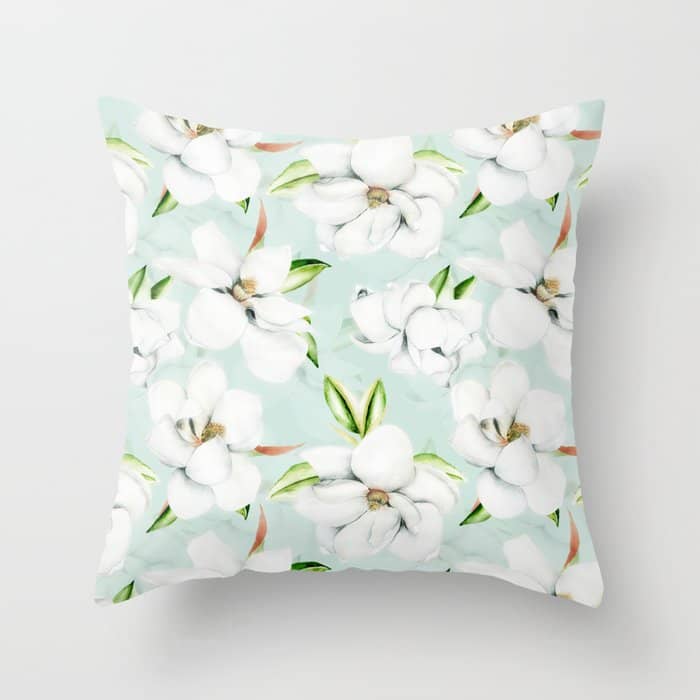 Hygge Magnolia Watercolor Pastel Flowers Throw Pillow