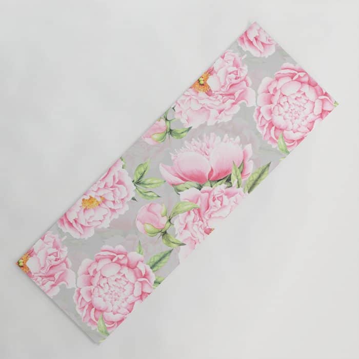 Hygge Blush Pink Peonies Pattern On Gray Yoga Mat