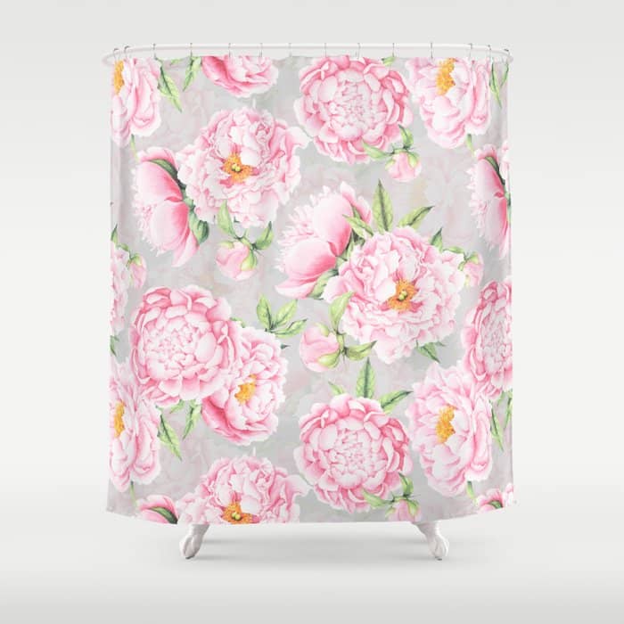 Hygge Blush Pink Peonies Pattern On Gray Shower Curtain