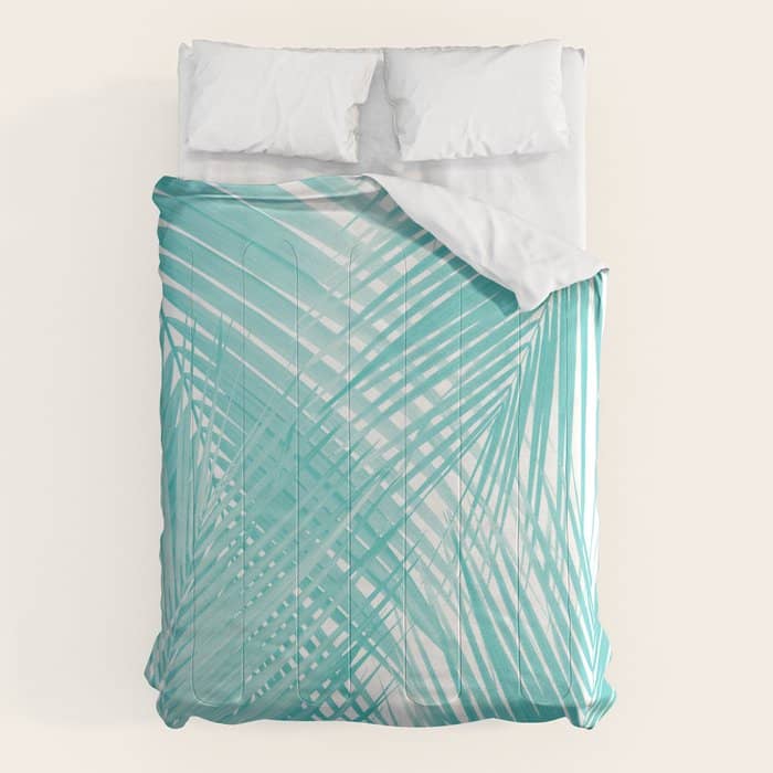 Soft Turquoise Palm Leaves Dream - Cali Summer Vibes #3 #Tropical #Decor #Art Comforter