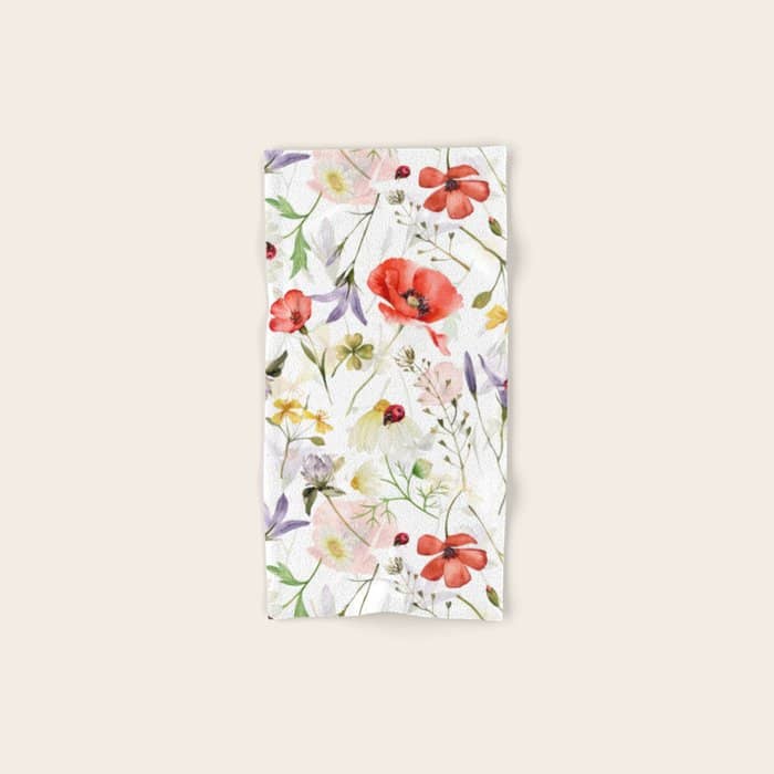 Watercolor Poppies Cornflowers Hygge Midummer Meadow Bath Towel