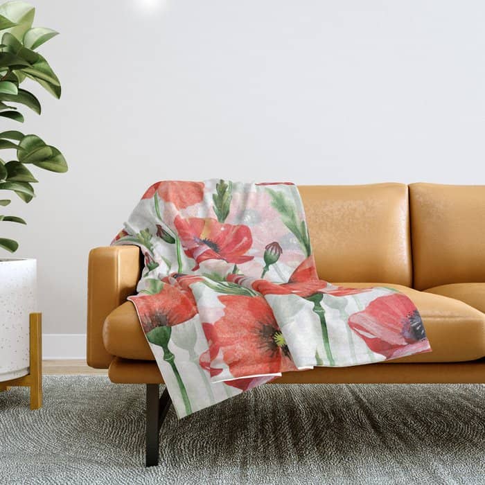 Summer Botanical Poppies Field Throw Blanket