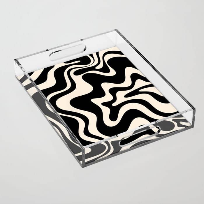 Retro Liquid Swirl Abstract In Black And Almond Cream  Acrylic Tray
