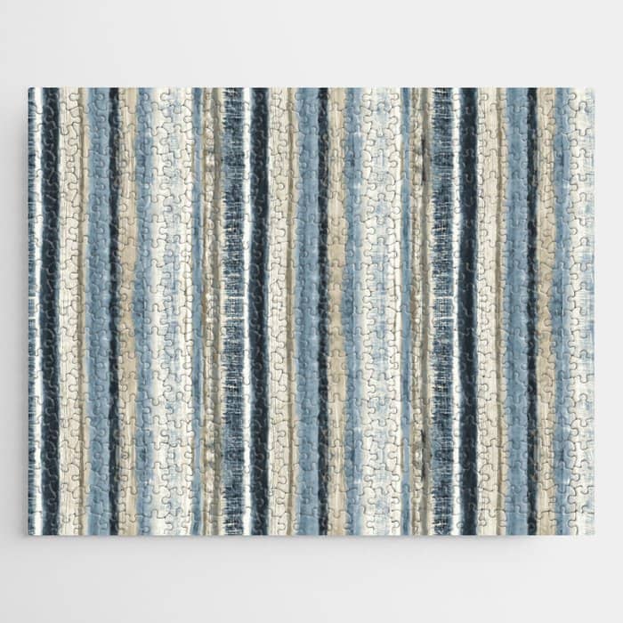 Distressed Blue And White Watercolor Stripe Jigsaw Puzzle