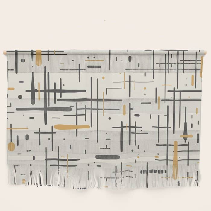 Mid-Century Modern Kinetikos Pattern In Charcoal Gray, Muted Mustard Gold, And Cream Wall Hanging