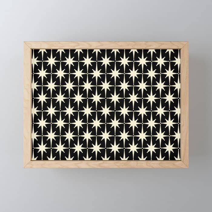 Midcentury Modern Atomic Age Starburst Pattern In Retro Cream And Black Mini Art Print