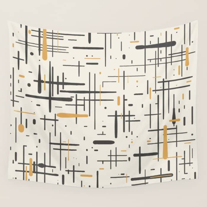 Mid-Century Modern Kinetikos Pattern In Charcoal Gray, Muted Mustard Gold, And Cream Wall Tapestry