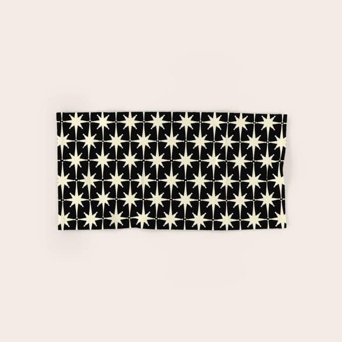 Midcentury Modern Atomic Age Starburst Pattern In Retro Cream And Black Bath Towel