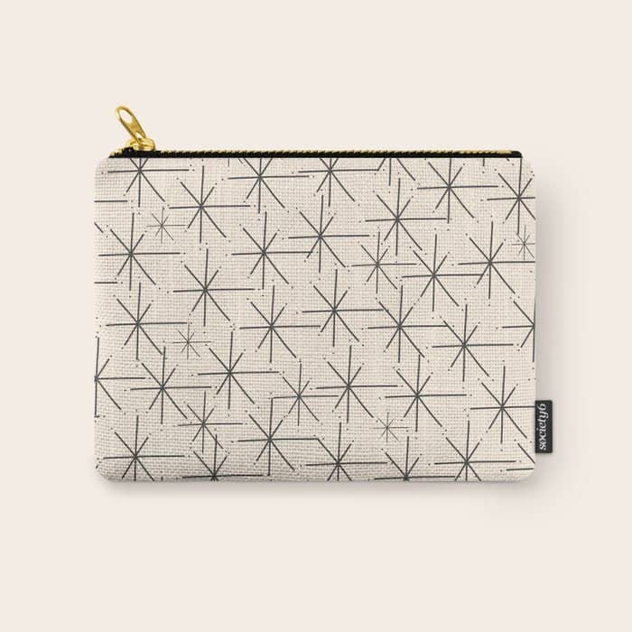 Stella - Atomic Age Mid Century Modern Starburst Pattern In Charcoal Gray And Almond Cream Carry All Pouch