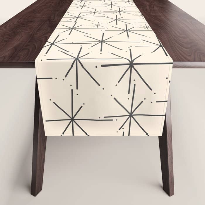 Stella - Atomic Age Mid Century Modern Starburst Pattern In Charcoal Gray And Almond Cream Table Runner