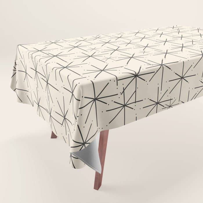 Stella - Atomic Age Mid Century Modern Starburst Pattern In Charcoal Gray And Almond Cream Tablecloth