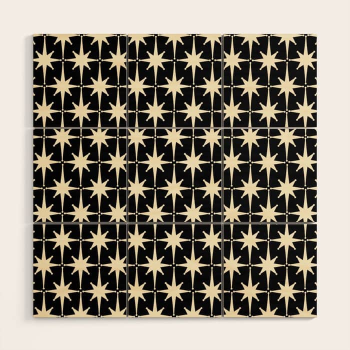 Midcentury Modern Atomic Age Starburst Pattern In Retro Cream And Black Wood Wall Art
