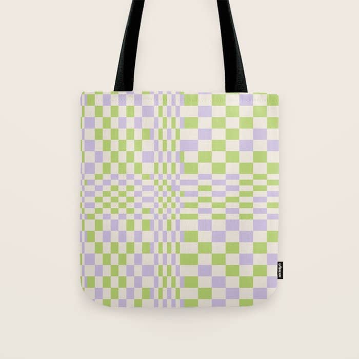 Happy Colorful Checkered Pattern Green And Lilac Tote Bag