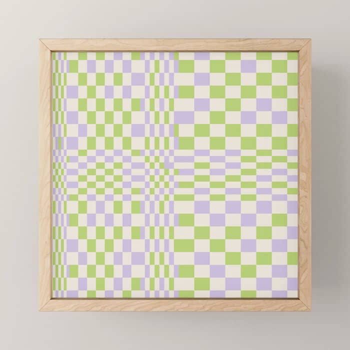 Happy Colorful Checkered Pattern Green And Lilac Mini Art Print
