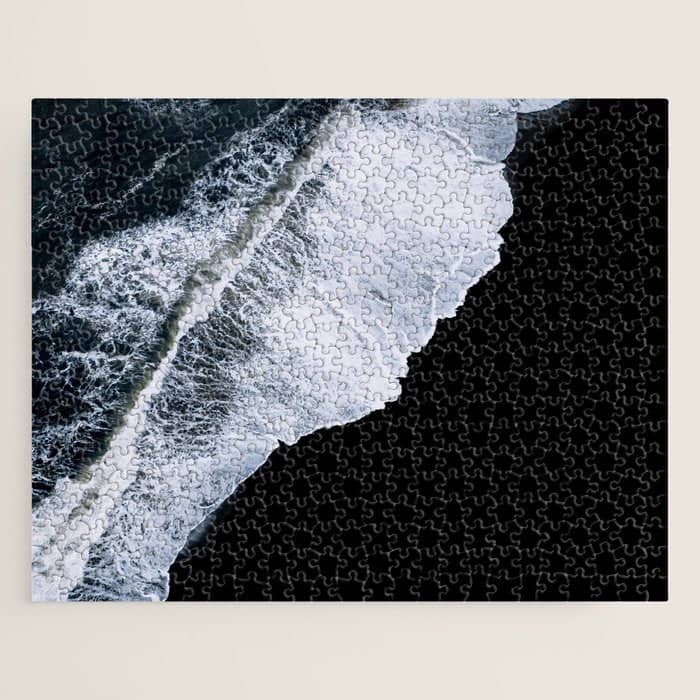 Waves Crashing On A Black Sand Beach - Minimal Landscape Photography Jigsaw Puzzle