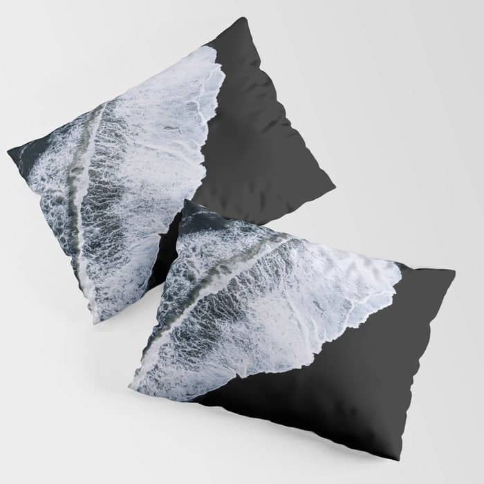 Waves Crashing On A Black Sand Beach - Minimal Landscape Photography Pillow Sham