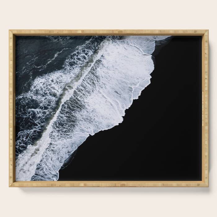 Waves Crashing On A Black Sand Beach - Minimal Landscape Photography Serving Tray