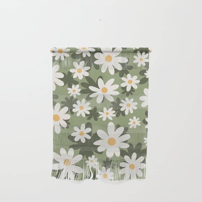 Flower Market London, Retro Daisies  Print, Green Ditsy Pattern Wall Hanging