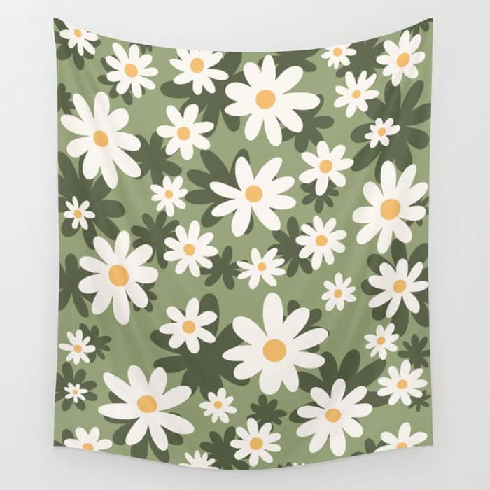 Flower Market London, Retro Daisies  Print, Green Ditsy Pattern Wall Tapestry