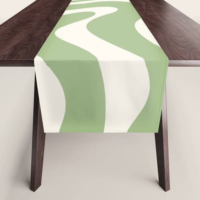 Modern Liquid Swirl Abstract Pattern In Light Sage Green And Cream Table Runner