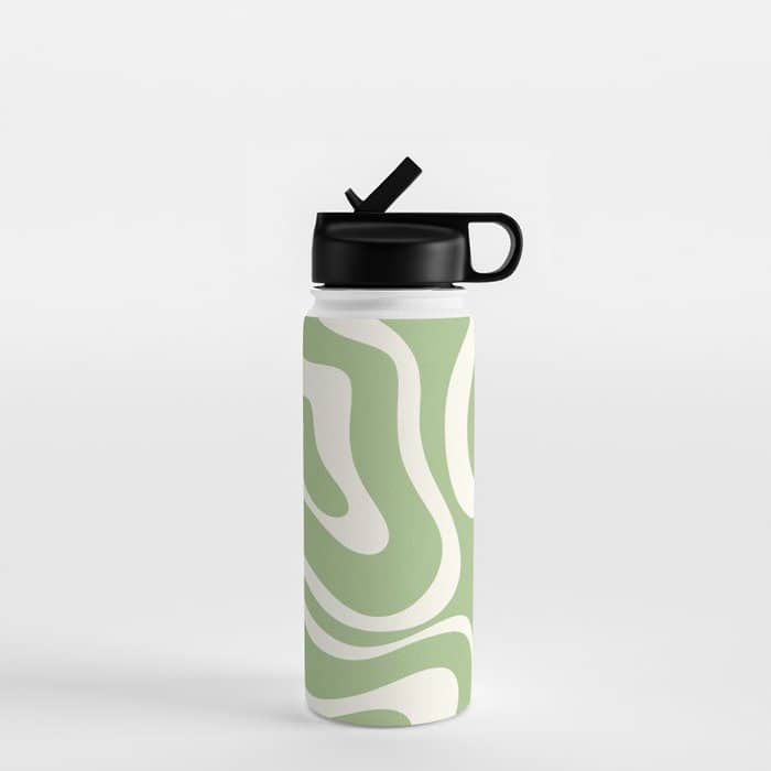 Modern Liquid Swirl Abstract Pattern In Light Sage Green And Cream Water Bottle
