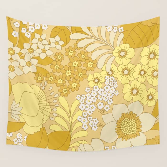 Yellow, Ivory & Brown Retro Floral Pattern Wall Tapestry