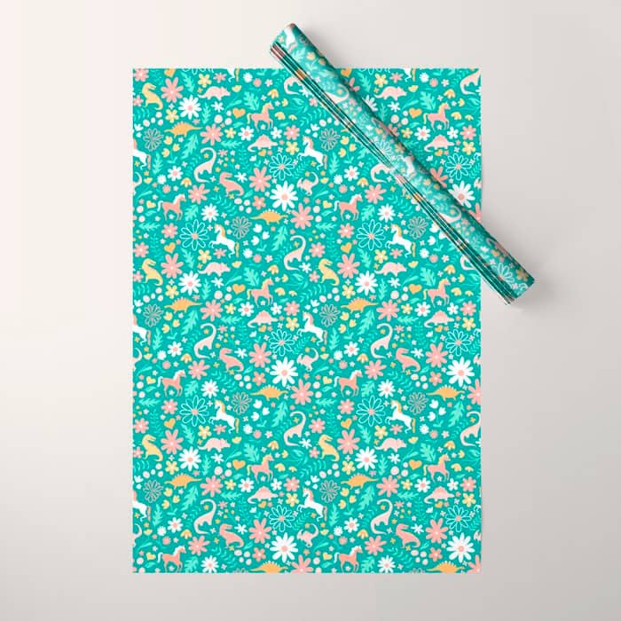 Dinosaurs + Unicorns On Teal Wrapping Paper