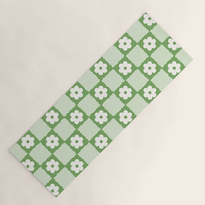 Retro Flower Checker In Forest Green Yoga Mat