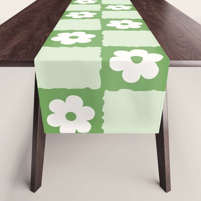 Retro Flower Checker In Forest Green Table Runner