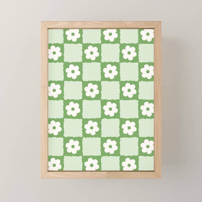 Retro Flower Checker In Forest Green Mini Art Print